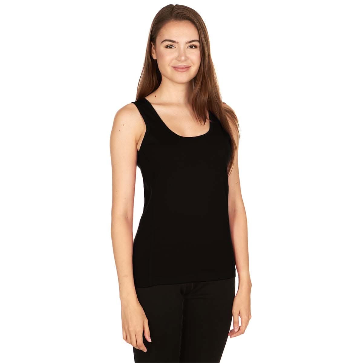 Woman wearing a black tank top on a white background, womens black tank top