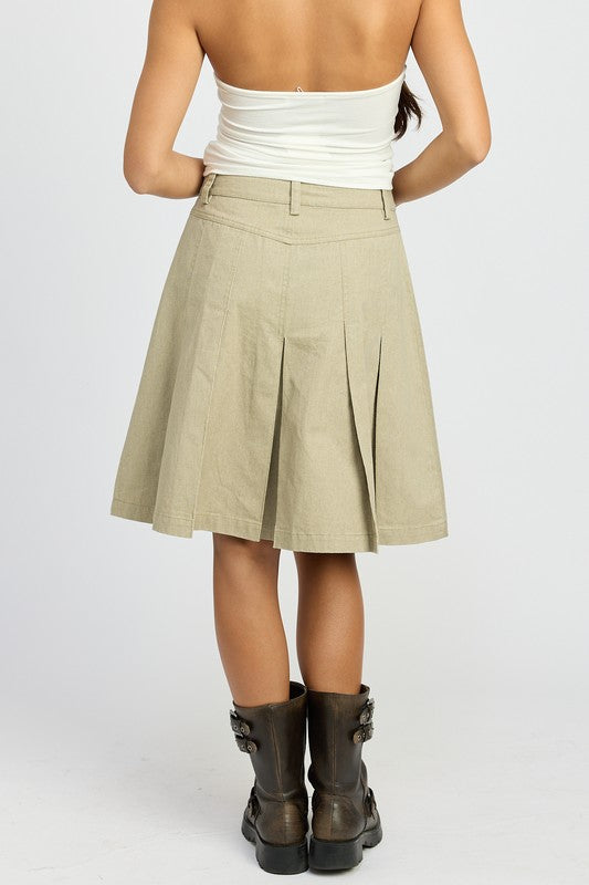 Women's Knee Length Pleated Skirt, Khaki Skirt