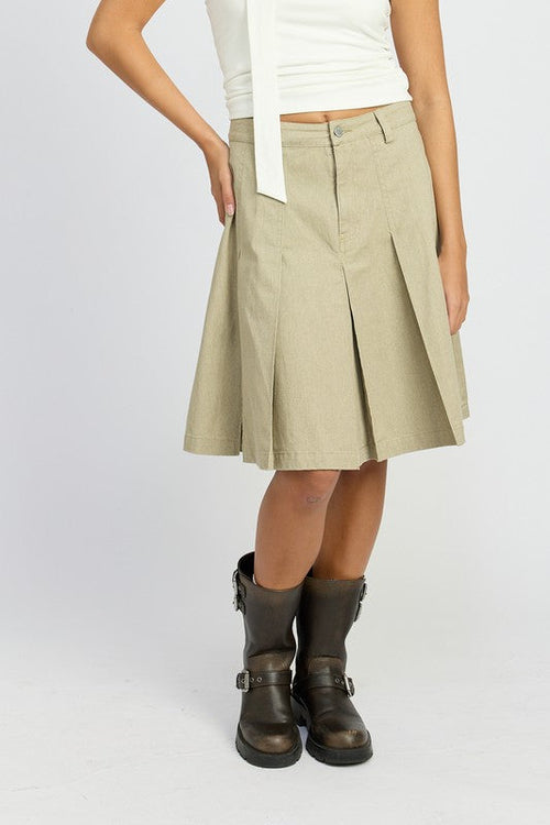 Women's Knee Length Pleated Skirt, Khaki Skirt
