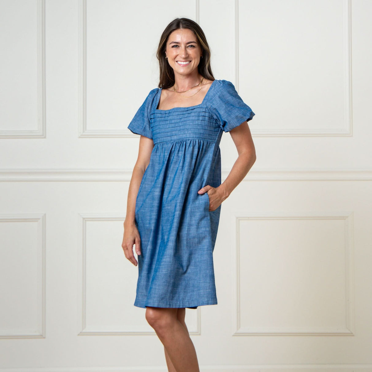 Women 100% Organic Cotton Ruched Chambray Dress