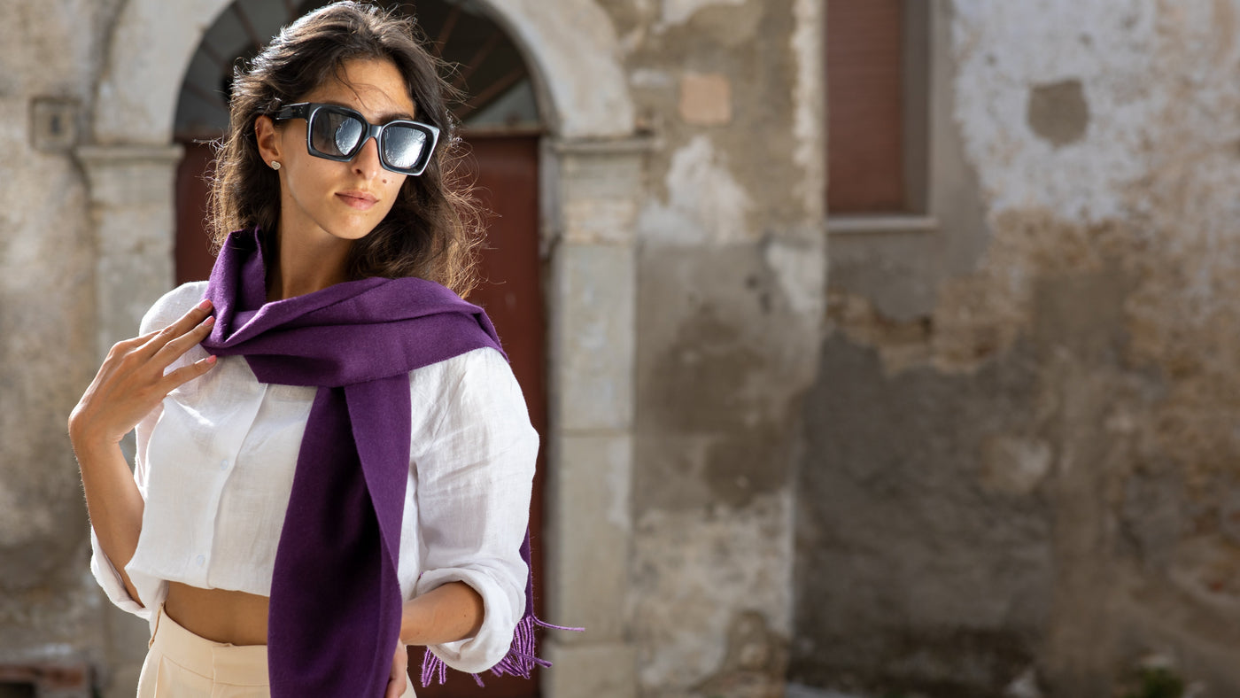 sustainable wool clothing, purple alpaca scarf