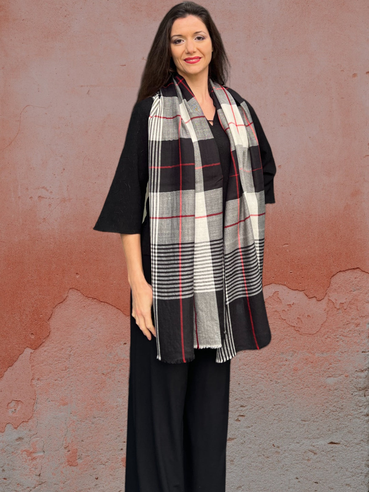 Women's Wool and Silk Gray Plaid Scarf, Wool Scarf
