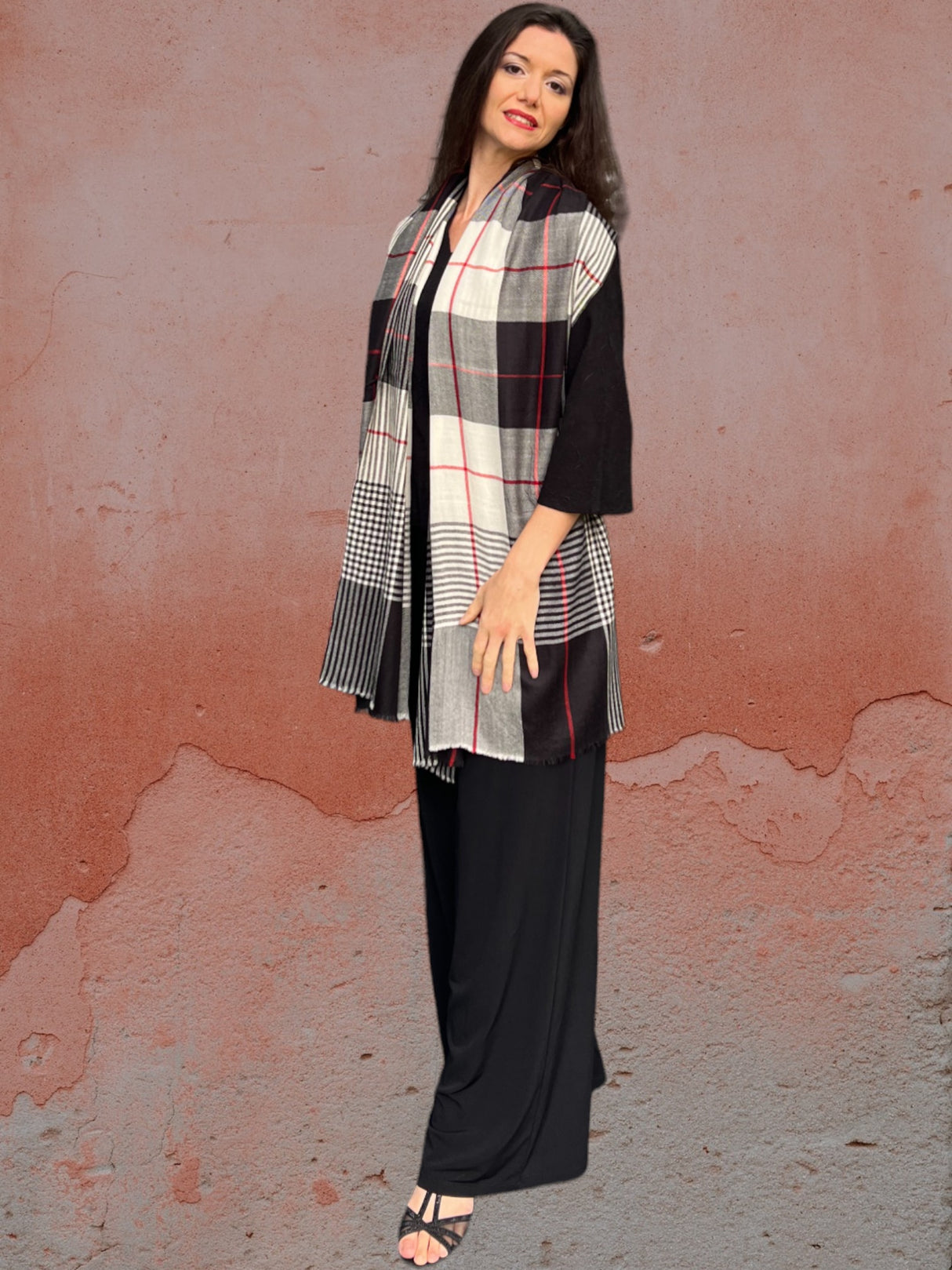 Women's Wool and Silk Gray Plaid Scarf, Wool Scarf