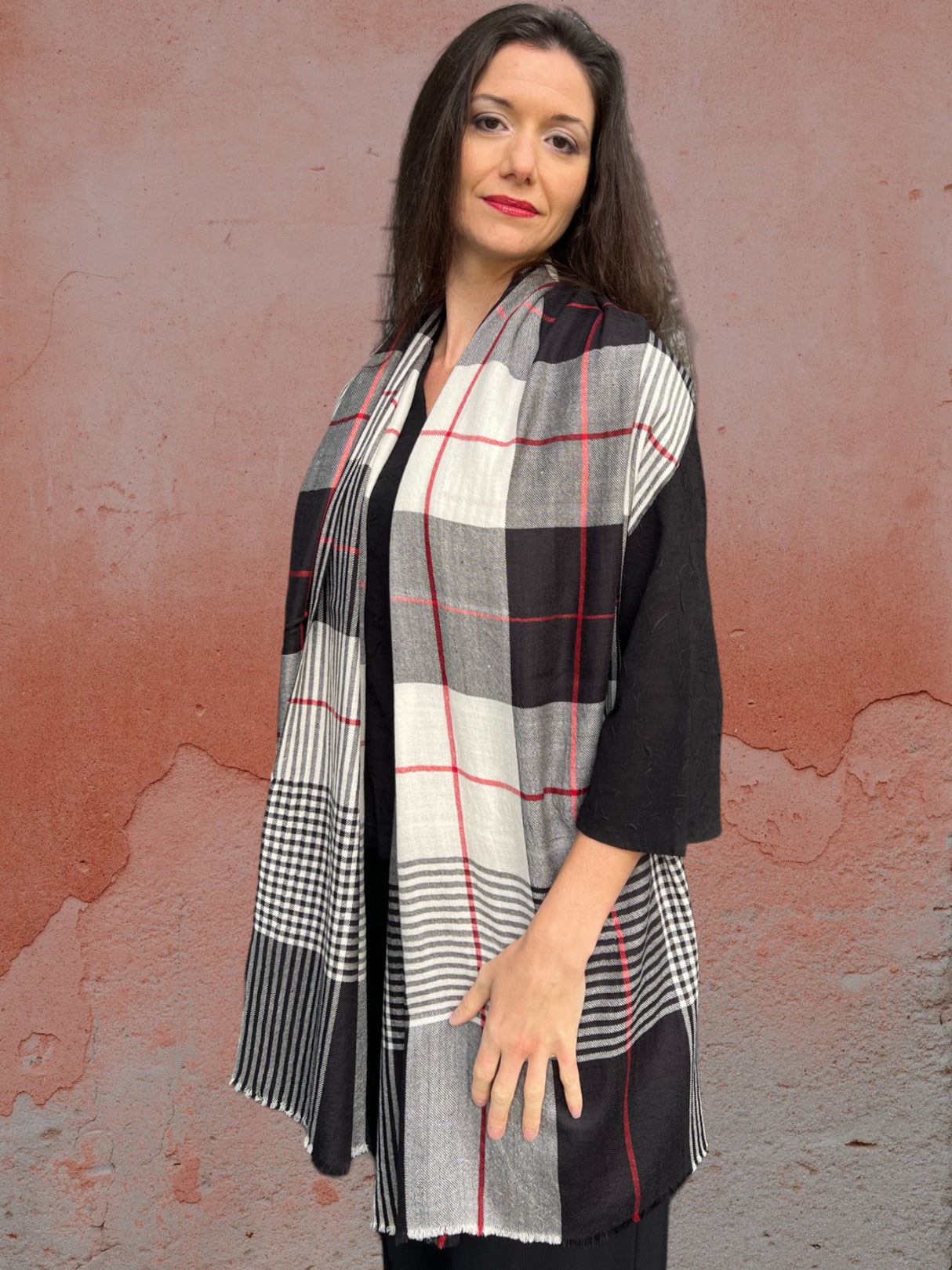 Women's Wool and Silk Gray Plaid Scarf, Wool Scarf