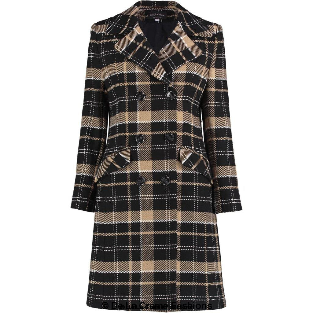Wool Blend Tartan Check Double Breasted Coat