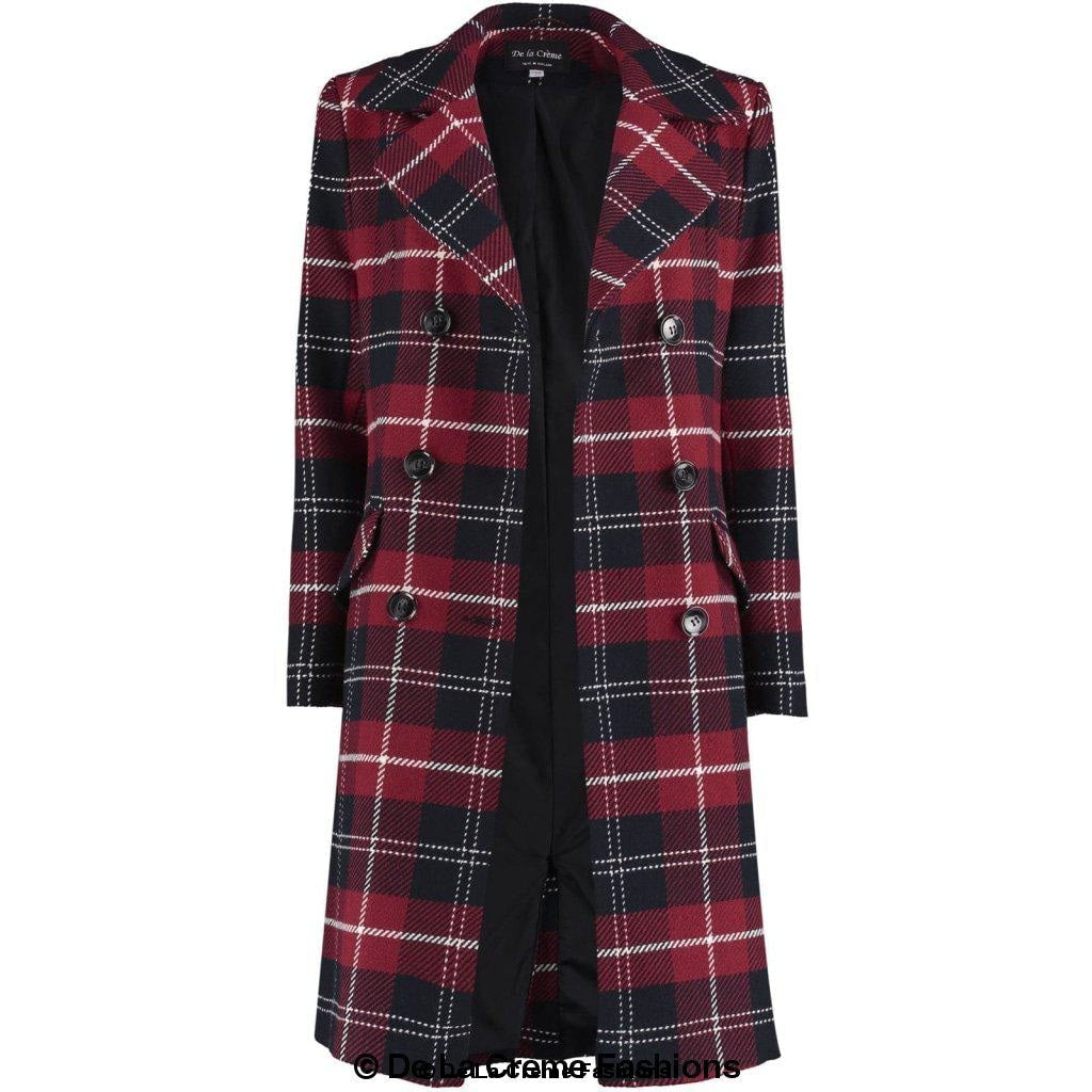 Wool Blend Tartan Check Double Breasted Coat