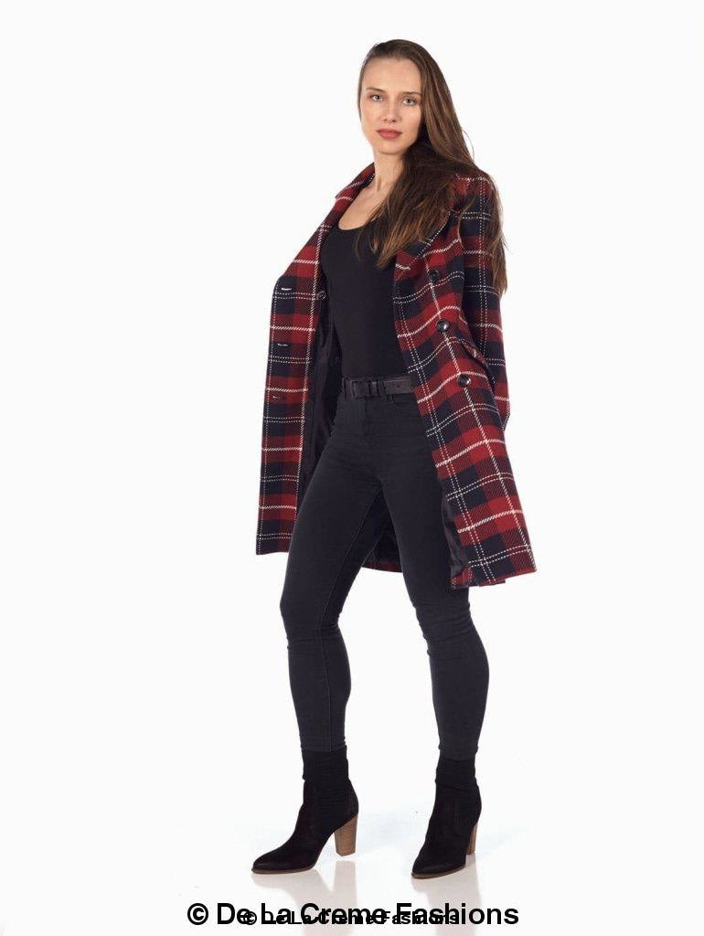 Wool Blend Tartan Check Double Breasted Coat