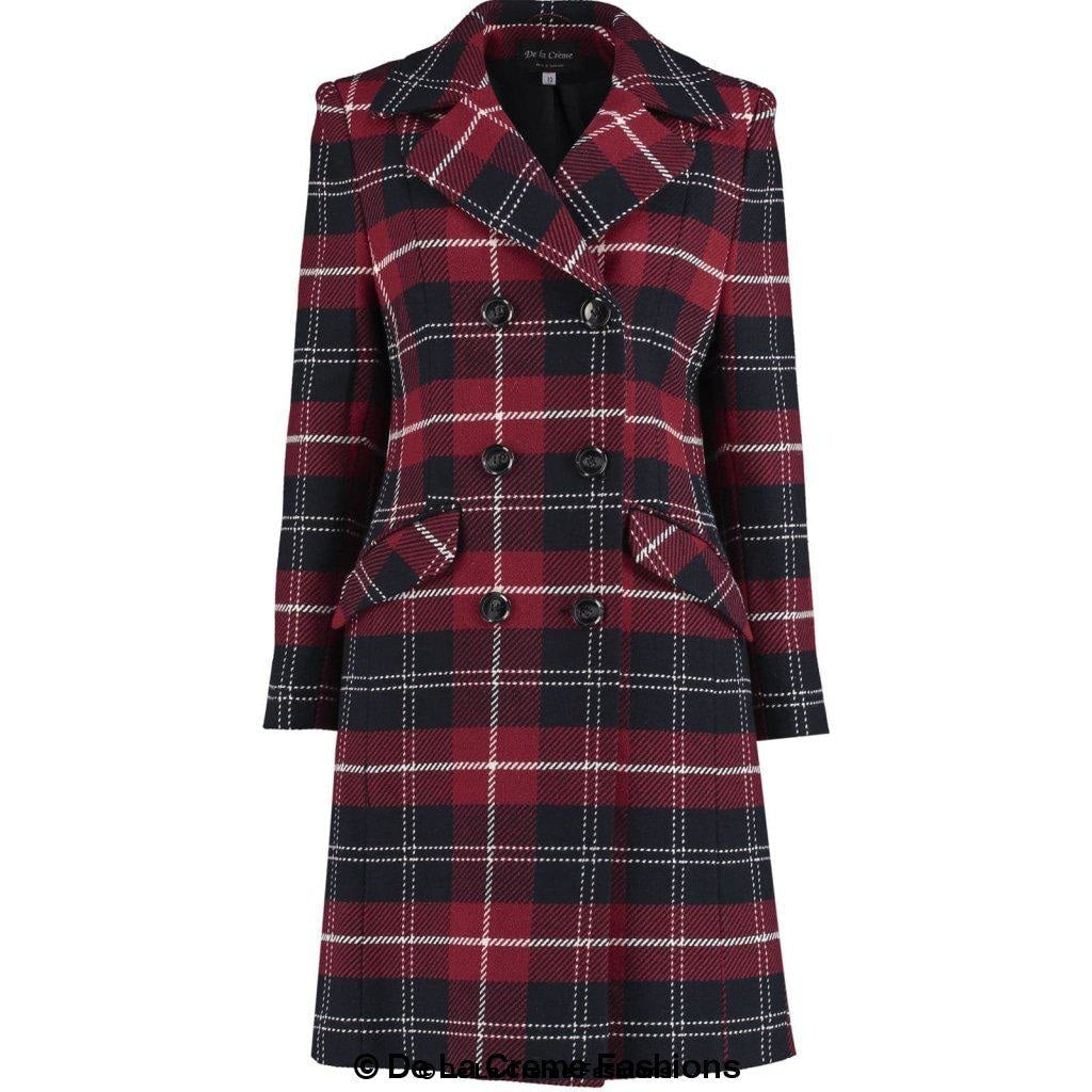 Wool Blend Tartan Check Double Breasted Coat