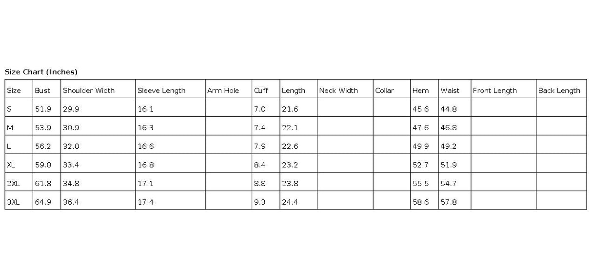 quarter zip sweatshirt size chart