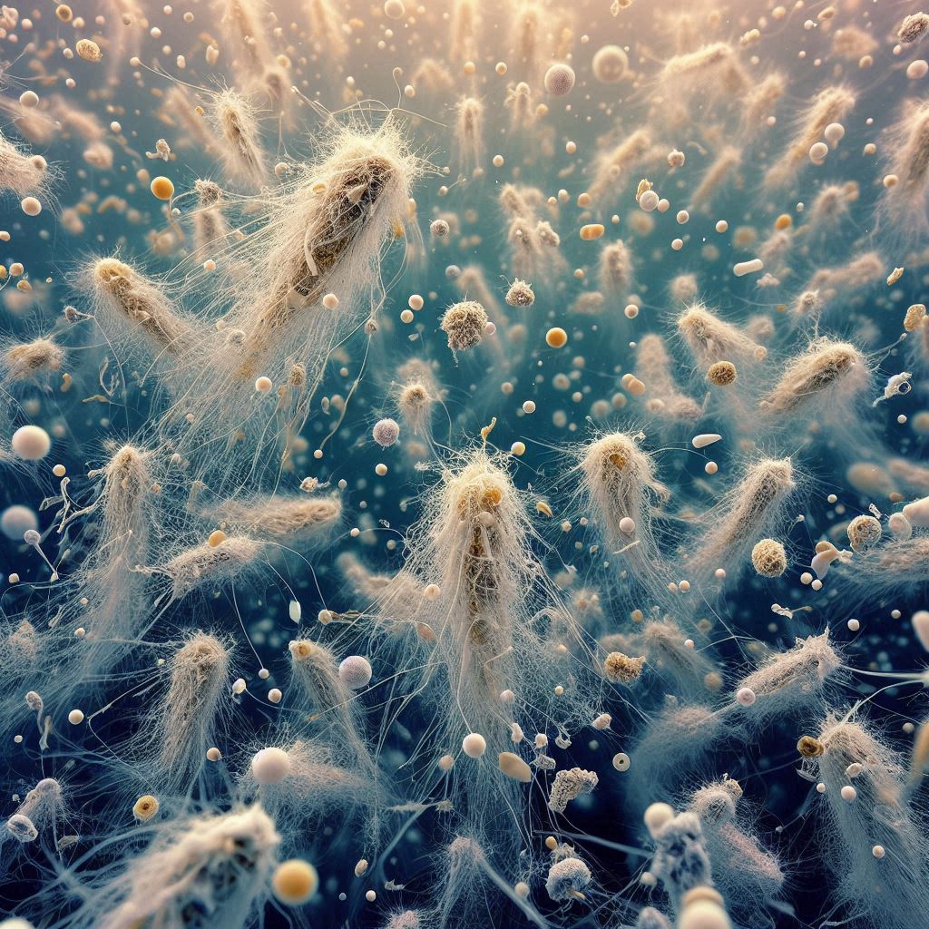 AI depiction of microfibers in seawater.