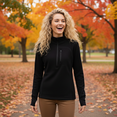 Women's 1/2 zip Merino Wool Top, Woman outside on autumn day with trees in background.