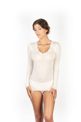 EGi Luxury Wool & Silk Sheer Long Sleeve Top with Lace Trim