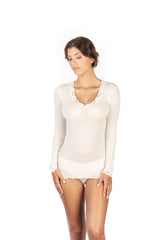 EGi Luxury Wool & Silk Sheer Long Sleeve Top with Lace Trim