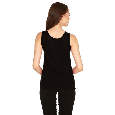 Woman wearing a black sleeveless top on a white background, womens tank top
