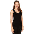 Woman wearing a black tank top on a white background, womens black tank top