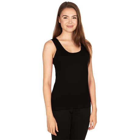 Woman wearing a black tank top on a white background, womens black tank top