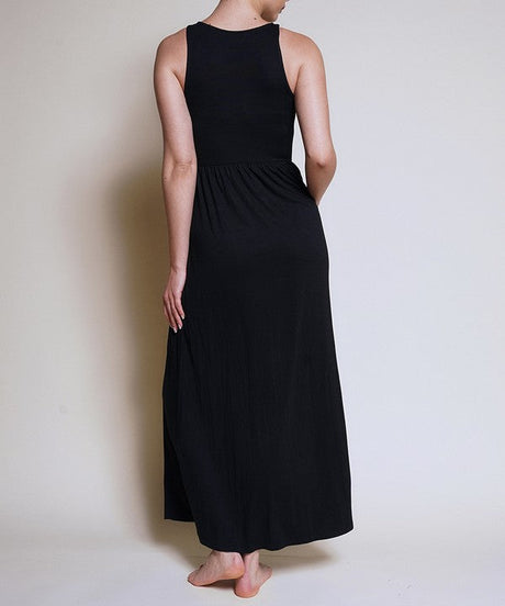 back of black maxi dress