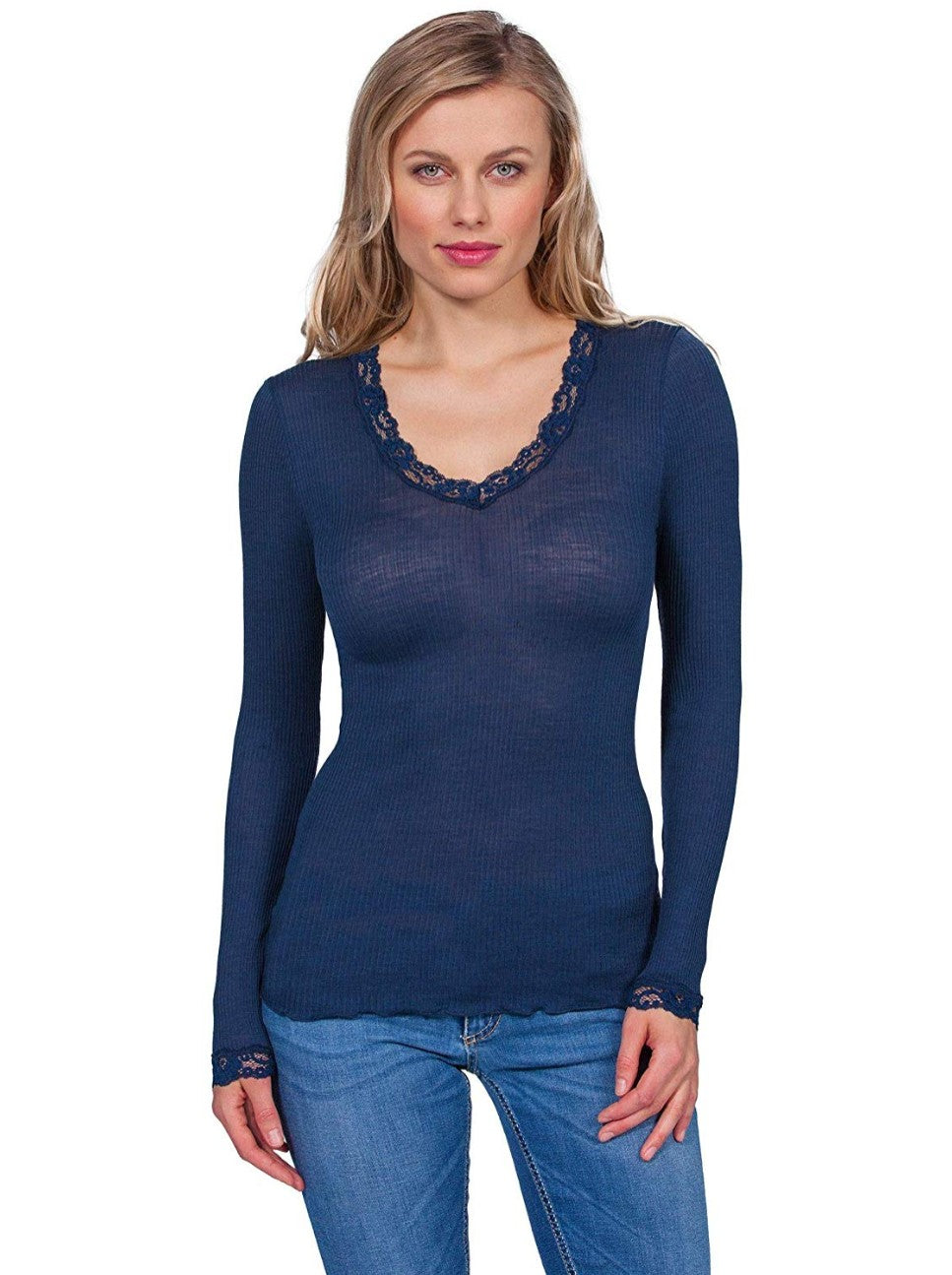 EGi Luxury Wool & Silk Sheer Long Sleeve Top with Lace Trim