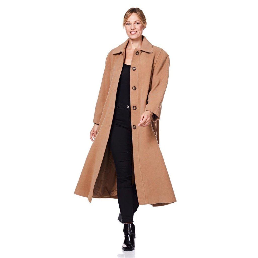 Women's full-length wool and cashmere blend coat in camel brown